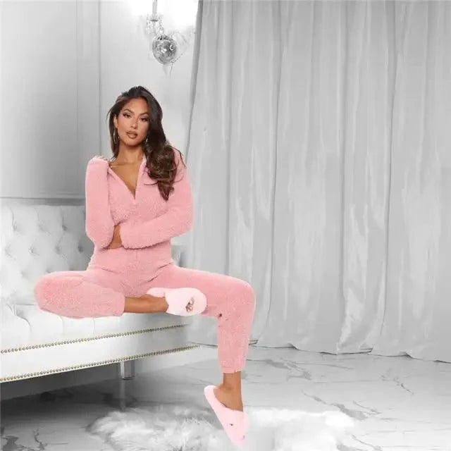 Fleece Jumpsuits For Women Autumn Winter One Piece Outfit Women Hooded Romper Winter Cute Pajamas For Winter V Neck Fuzzy Fleece Pajamas Romper Hooded Jumpsuit Stevvex