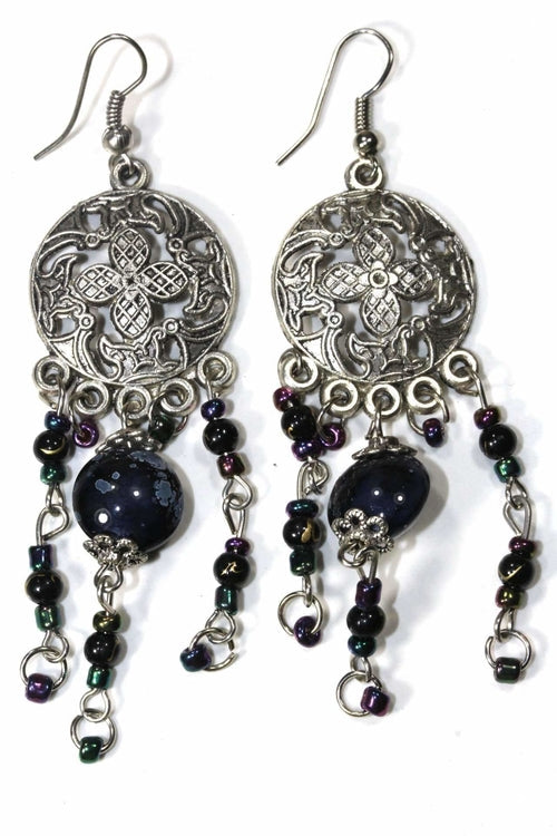 Floral Medallion Bead Dangle Earrings Red Boho Drop