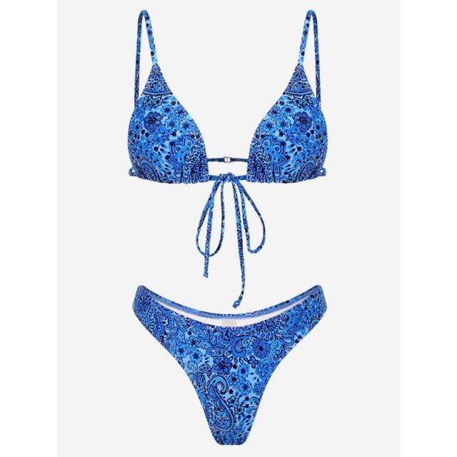 Floral Print Bikini String Swimsuit High Cut Bikini Set Bathing Suit Women's Swimsuit Halter Ribbed Polka Dot Tie Dye String Bathing Suit Bikini Set Women Swimwear High Waist Bikinis Beach Stevvex