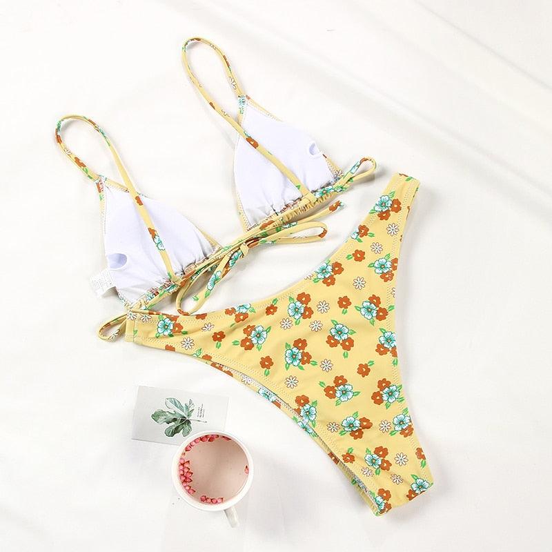 Floral Print Bikini String Swimsuit High Cut Bikini Set Bathing Suit Women's Swimsuit Halter Ribbed Polka Dot Tie Dye String Bathing Suit Bikini Set Women Swimwear High Waist Bikinis Beach Stevvex