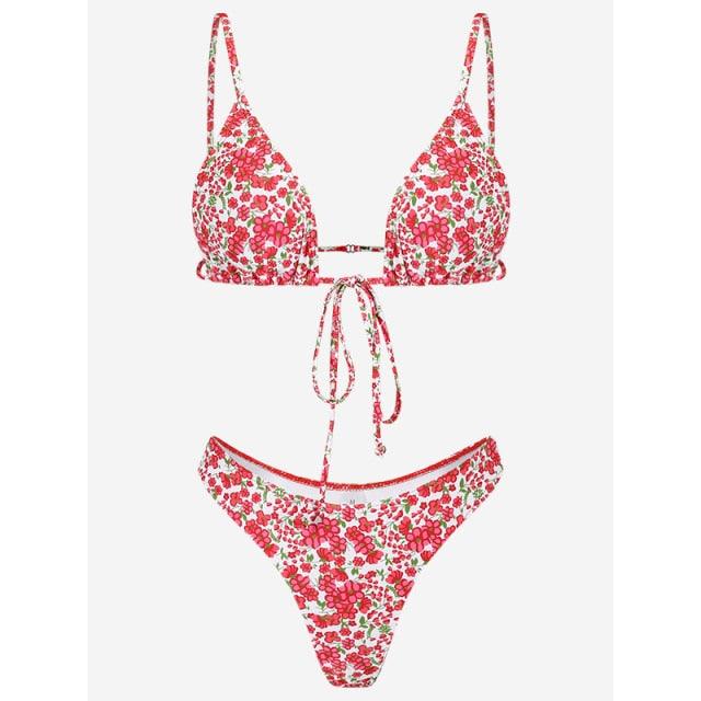 Floral Print Bikini String Swimsuit High Cut Bikini Set Bathing Suit Women's Swimsuit Halter Ribbed Polka Dot Tie Dye String Bathing Suit Bikini Set Women Swimwear High Waist Bikinis Beach Stevvex