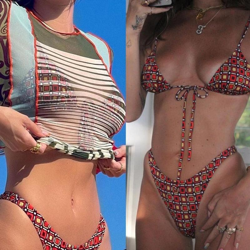 Floral Print Bikini String Swimsuit High Cut Bikini Set Bathing Suit Women's Swimsuit Halter Ribbed Polka Dot Tie Dye String Bathing Suit Bikini Set Women Swimwear High Waist Bikinis Beach Stevvex