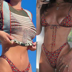Floral Print Bikini String Swimsuit High Cut Bikini Set Bathing Suit Women's Swimsuit Halter Ribbed Polka Dot Tie Dye String Bathing Suit Bikini Set Women Swimwear High Waist Bikinis Beach Stevvex