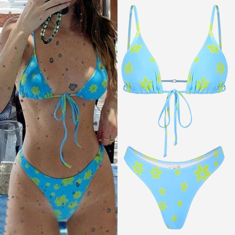 Floral Print Bikini String Swimsuit High Cut Bikini Set Bathing Suit Women's Swimsuit Halter Ribbed Polka Dot Tie Dye String Bathing Suit Bikini Set Women Swimwear High Waist Bikinis Beach Stevvex