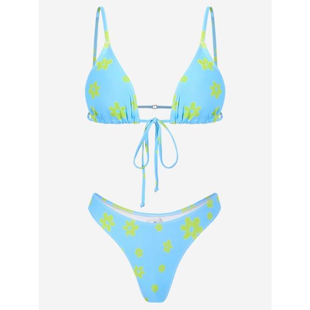 Floral Print Bikini String Swimsuit High Cut Bikini Set Bathing Suit Women's Swimsuit Halter Ribbed Polka Dot Tie Dye String Bathing Suit Bikini Set Women Swimwear High Waist Bikinis Beach Stevvex