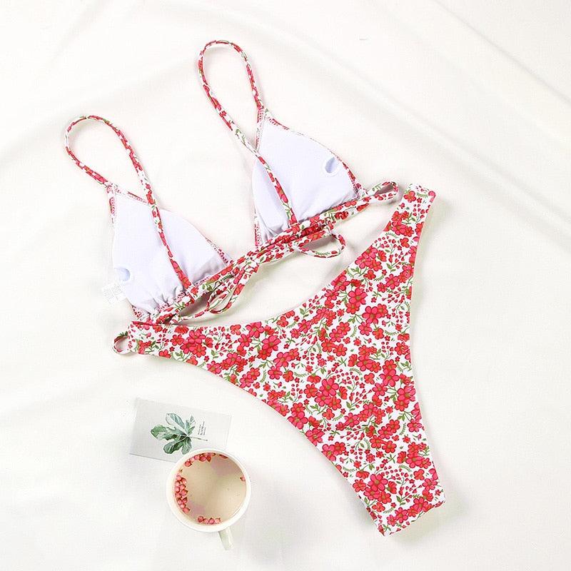 Floral Print Bikini String Swimsuit High Cut Bikini Set Bathing Suit Women's Swimsuit Halter Ribbed Polka Dot Tie Dye String Bathing Suit Bikini Set Women Swimwear High Waist Bikinis Beach Stevvex