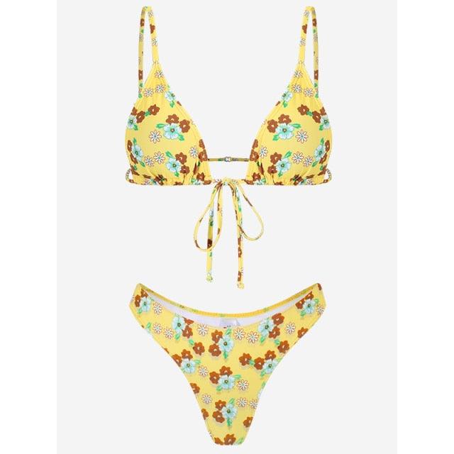 Floral Print Bikini String Swimsuit High Cut Bikini Set Bathing Suit Women's Swimsuit Halter Ribbed Polka Dot Tie Dye String Bathing Suit Bikini Set Women Swimwear High Waist Bikinis Beach Stevvex