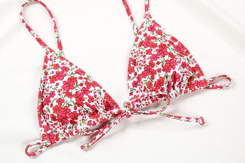 Floral Print Bikini String Swimsuit High Cut Bikini Set Bathing Suit Women's Swimsuit Halter Ribbed Polka Dot Tie Dye String Bathing Suit Bikini Set Women Swimwear High Waist Bikinis Beach Stevvex