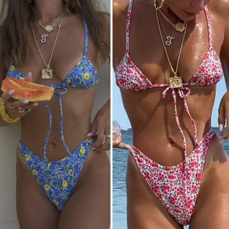 Floral Print Bikini String Swimsuit High Cut Bikini Set Bathing Suit Women's Swimsuit Halter Ribbed Polka Dot Tie Dye String Bathing Suit Bikini Set Women Swimwear High Waist Bikinis Beach Stevvex