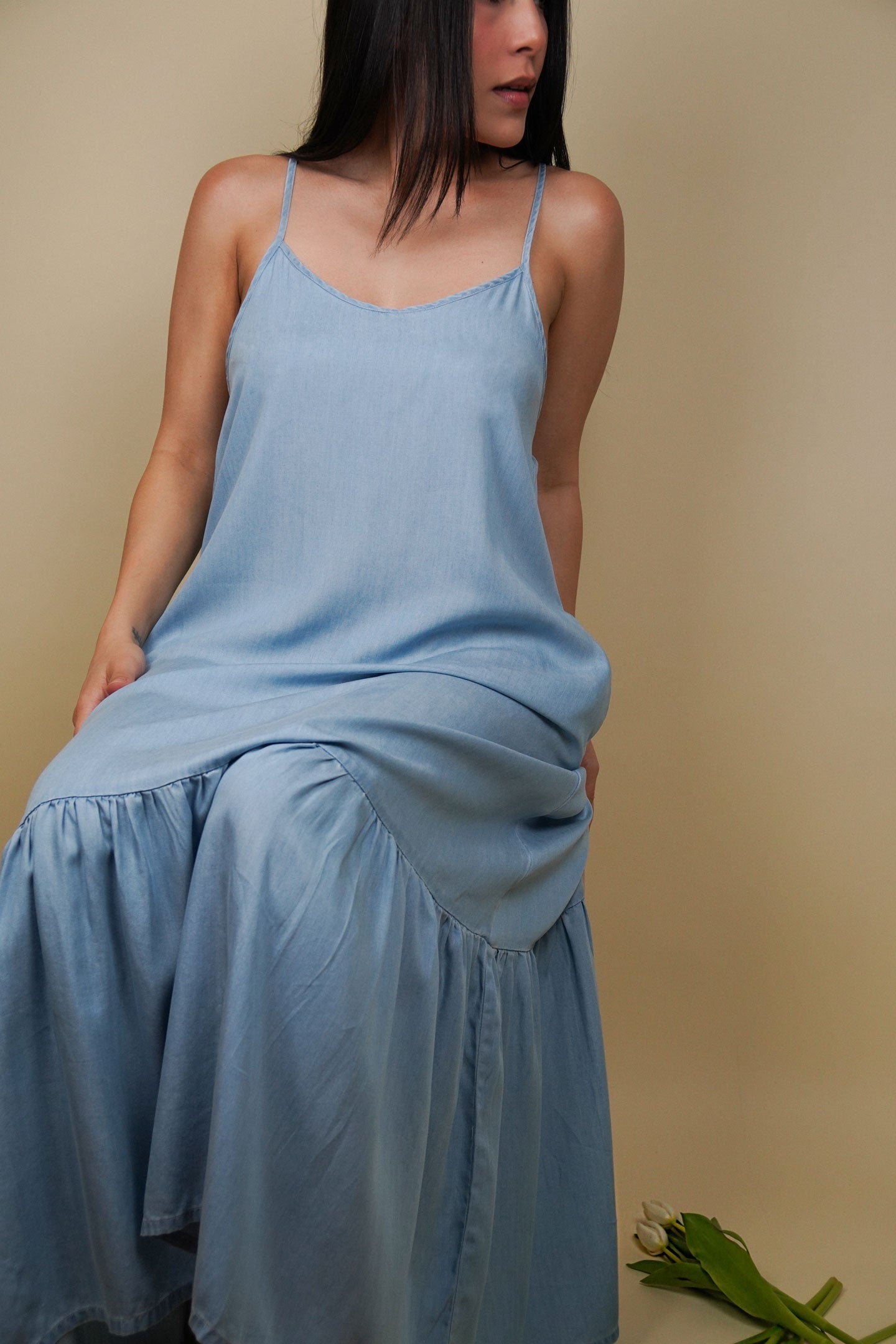 Flowy Maxi Dress in Blue Denim Purplish Diva