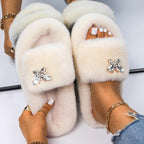Fluffy Slippers Rhinestone Butterfly Faux Fur Slides Women Sandals Platform Flip Flops Crystal Indoor Slippers Faux Fur Slippers Comfy Open Toe Two Slides Lining And Rubber Sole
