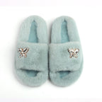 Fluffy Slippers Rhinestone Butterfly Faux Fur Slides Women Sandals Platform Flip Flops Crystal Indoor Slippers Faux Fur Slippers Comfy Open Toe Two Slides Lining And Rubber Sole
