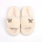 Fluffy Slippers Rhinestone Butterfly Faux Fur Slides Women Sandals Platform Flip Flops Crystal Indoor Slippers Faux Fur Slippers Comfy Open Toe Two Slides Lining And Rubber Sole