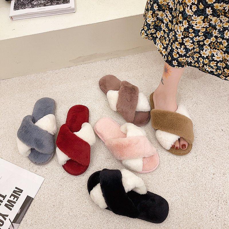 Fluffy Slippers Women Cozy Faux Fur Cross Indoor Floor Slides Flat Soft Furry Shoes Fluffy Furry Fur Slippers Flip Flop Open Toe Cozy House Memory Foam Sandals Slides Soft Flat Comfy Slippers Stevvex