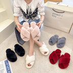 Fluffy Slippers Women Cozy Faux Fur Cross Indoor Floor Slides Flat Soft Furry Shoes Fluffy Furry Fur Slippers Flip Flop Open Toe Cozy House Memory Foam Sandals Slides Soft Flat Comfy Slippers Stevvex