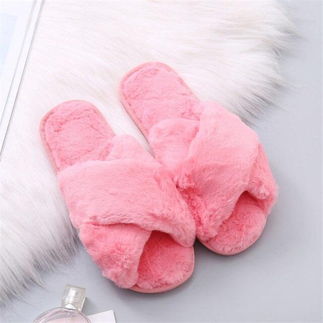 Fluffy Slippers Women Cozy Faux Fur Cross Indoor Floor Slides Flat Soft Furry Shoes Fluffy Furry Fur Slippers Flip Flop Open Toe Cozy House Memory Foam Sandals Slides Soft Flat Comfy Slippers Stevvex