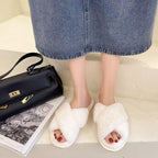 Fluffy Slippers Women Cozy Faux Fur Cross Indoor Floor Slides Flat Soft Furry Shoes Fluffy Furry Fur Slippers Flip Flop Open Toe Cozy House Memory Foam Sandals Slides Soft Flat Comfy Slippers Stevvex