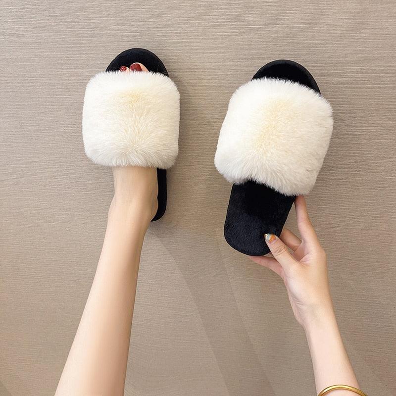 Fluffy Slippers Women Cozy Faux Fur Cross Indoor Floor Slides Flat Soft Furry Shoes Fluffy Furry Fur Slippers Flip Flop Open Toe Cozy House Memory Foam Sandals Slides Soft Flat Comfy Slippers Stevvex