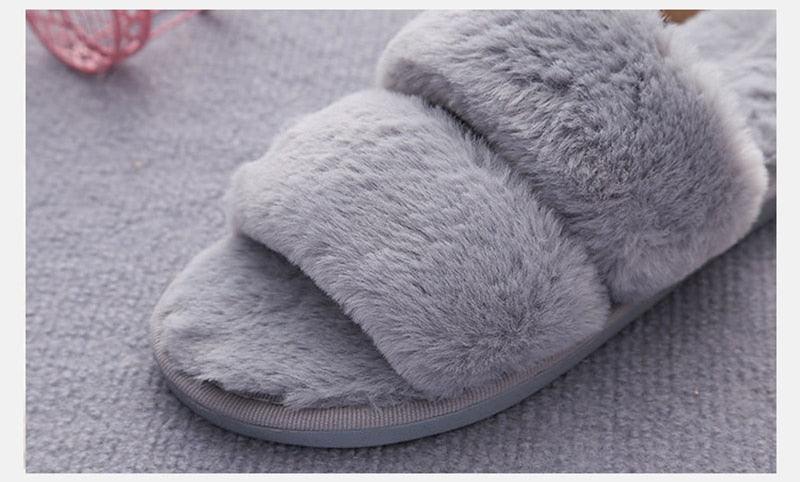 Fluffy Slippers Women Cozy Faux Fur Cross Indoor Floor Slides Flat Soft Furry Shoes Fluffy Furry Fur Slippers Flip Flop Open Toe Cozy House Memory Foam Sandals Slides Soft Flat Comfy Slippers Stevvex