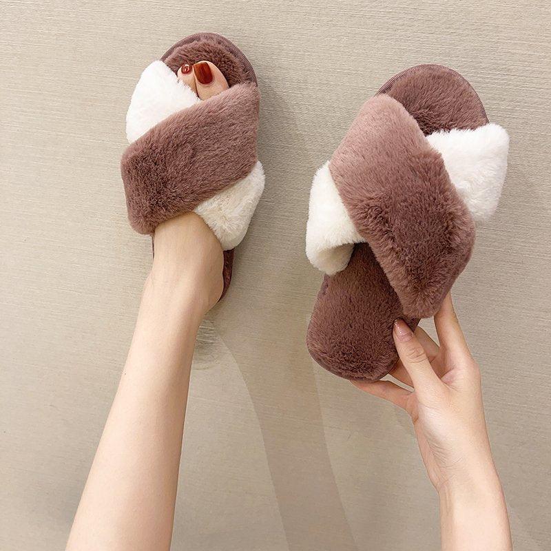 Fluffy Slippers Women Cozy Faux Fur Cross Indoor Floor Slides Flat Soft Furry Shoes Fluffy Furry Fur Slippers Flip Flop Open Toe Cozy House Memory Foam Sandals Slides Soft Flat Comfy Slippers Stevvex