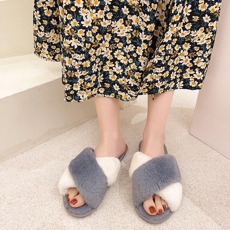Fluffy Slippers Women Cozy Faux Fur Cross Indoor Floor Slides Flat Soft Furry Shoes Fluffy Furry Fur Slippers Flip Flop Open Toe Cozy House Memory Foam Sandals Slides Soft Flat Comfy Slippers Stevvex