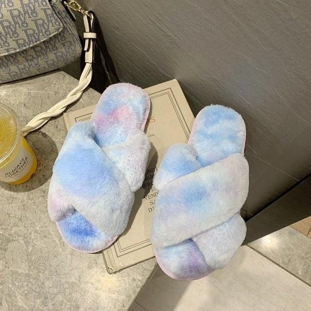 Fluffy Slippers Women Cozy Faux Fur Cross Indoor Floor Slides Flat Soft Furry Shoes Fluffy Furry Fur Slippers Flip Flop Open Toe Cozy House Memory Foam Sandals Slides Soft Flat Comfy Slippers Stevvex
