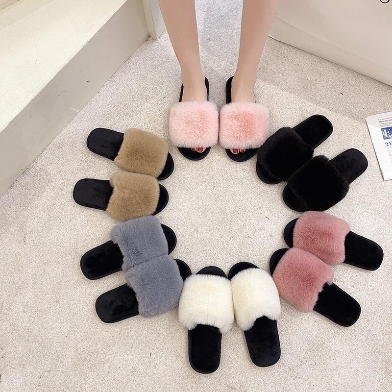 Fluffy Slippers Women Cozy Faux Fur Cross Indoor Floor Slides Flat Soft Furry Shoes Fluffy Furry Fur Slippers Flip Flop Open Toe Cozy House Memory Foam Sandals Slides Soft Flat Comfy Slippers Stevvex