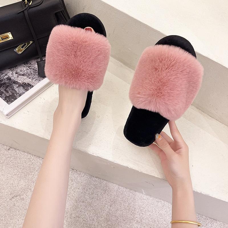 Fluffy Slippers Women Cozy Faux Fur Cross Indoor Floor Slides Flat Soft Furry Shoes Fluffy Furry Fur Slippers Flip Flop Open Toe Cozy House Memory Foam Sandals Slides Soft Flat Comfy Slippers Stevvex