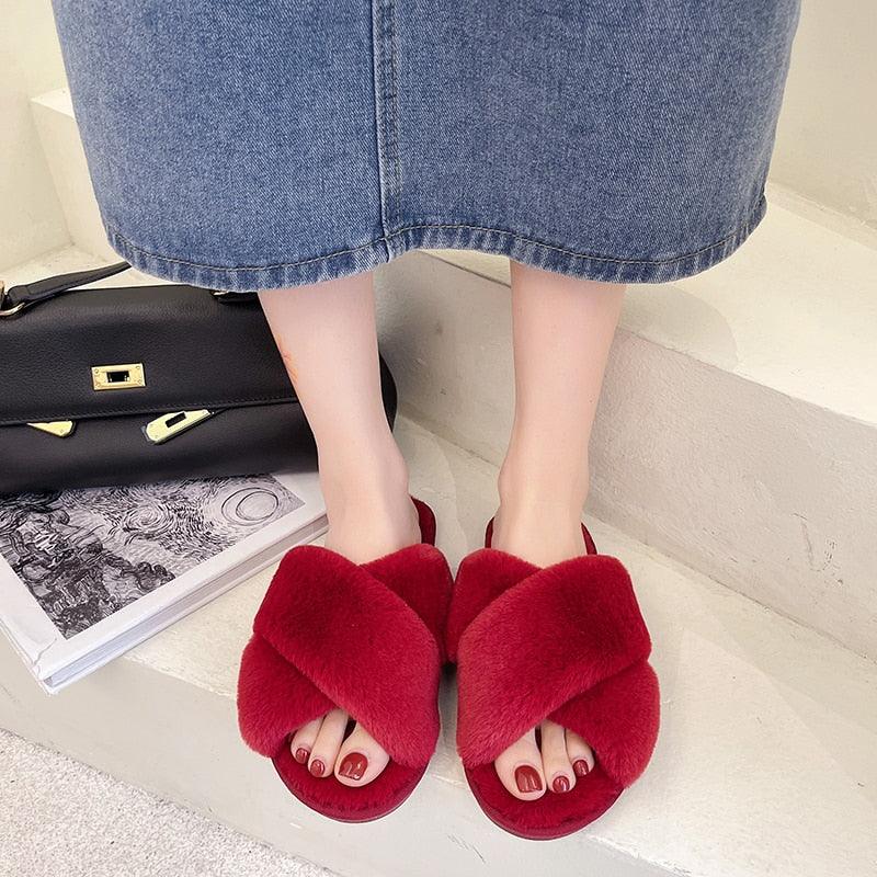 Fluffy Slippers Women Cozy Faux Fur Cross Indoor Floor Slides Flat Soft Furry Shoes Fluffy Furry Fur Slippers Flip Flop Open Toe Cozy House Memory Foam Sandals Slides Soft Flat Comfy Slippers Stevvex