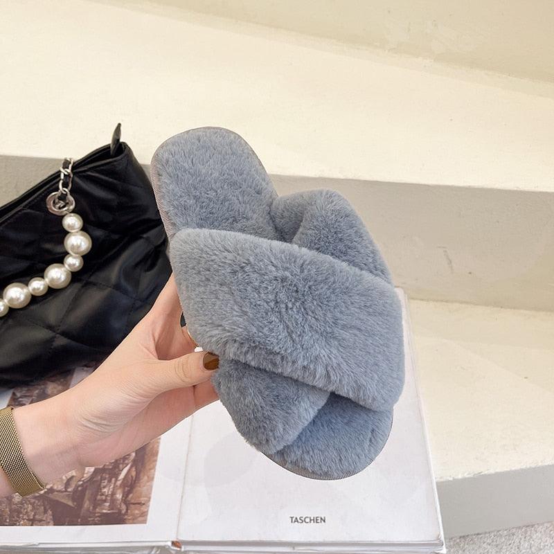 Fluffy Slippers Women Cozy Faux Fur Cross Indoor Floor Slides Flat Soft Furry Shoes Fluffy Furry Fur Slippers Flip Flop Open Toe Cozy House Memory Foam Sandals Slides Soft Flat Comfy Slippers Stevvex