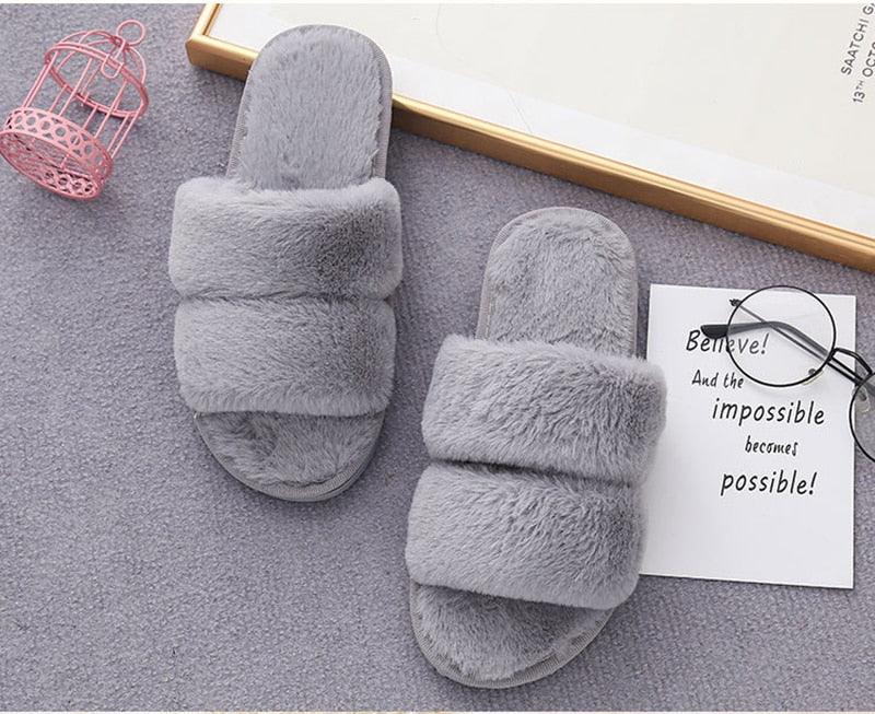 Fluffy Slippers Women Cozy Faux Fur Cross Indoor Floor Slides Flat Soft Furry Shoes Fluffy Furry Fur Slippers Flip Flop Open Toe Cozy House Memory Foam Sandals Slides Soft Flat Comfy Slippers Stevvex