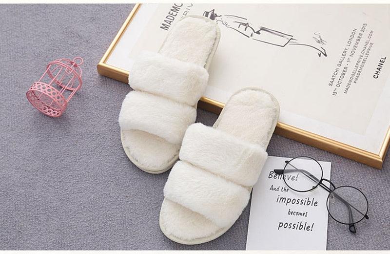 Fluffy Slippers Women Cozy Faux Fur Cross Indoor Floor Slides Flat Soft Furry Shoes Fluffy Furry Fur Slippers Flip Flop Open Toe Cozy House Memory Foam Sandals Slides Soft Flat Comfy Slippers Stevvex