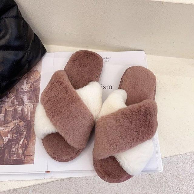 Fluffy Slippers Women Cozy Faux Fur Cross Indoor Floor Slides Flat Soft Furry Shoes Fluffy Furry Fur Slippers Flip Flop Open Toe Cozy House Memory Foam Sandals Slides Soft Flat Comfy Slippers Stevvex