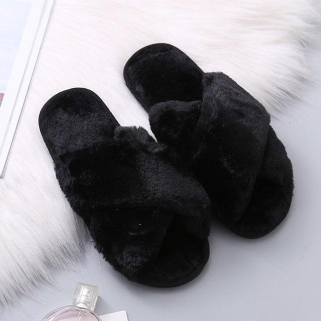 Fluffy Slippers Women Cozy Faux Fur Cross Indoor Floor Slides Flat Soft Furry Shoes Fluffy Furry Fur Slippers Flip Flop Open Toe Cozy House Memory Foam Sandals Slides Soft Flat Comfy Slippers Stevvex