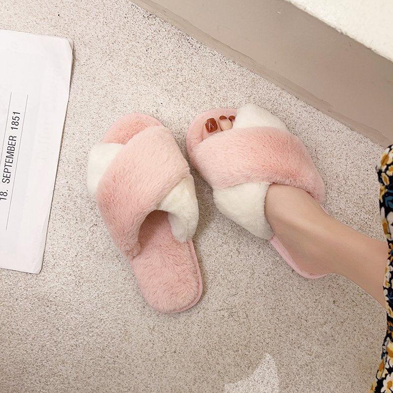 Fluffy Slippers Women Cozy Faux Fur Cross Indoor Floor Slides Flat Soft Furry Shoes Fluffy Furry Fur Slippers Flip Flop Open Toe Cozy House Memory Foam Sandals Slides Soft Flat Comfy Slippers Stevvex