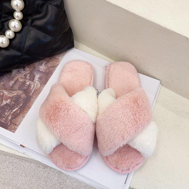 Fluffy Slippers Women Cozy Faux Fur Cross Indoor Floor Slides Flat Soft Furry Shoes Fluffy Furry Fur Slippers Flip Flop Open Toe Cozy House Memory Foam Sandals Slides Soft Flat Comfy Slippers Stevvex