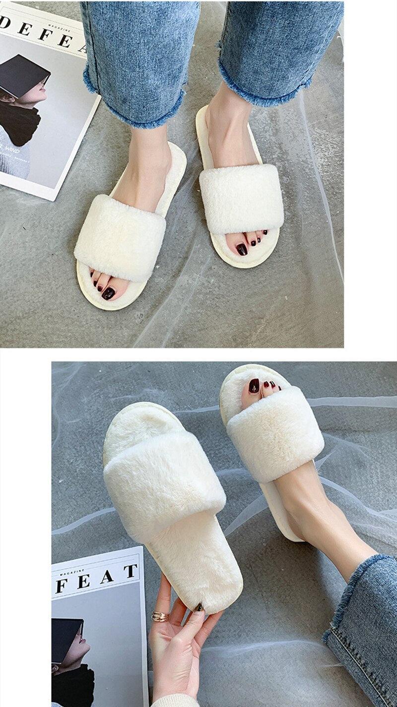 Fluffy Slippers Women Cozy Faux Fur Cross Indoor Floor Slides Flat Soft Furry Shoes Fluffy Furry Fur Slippers Flip Flop Open Toe Cozy House Memory Foam Sandals Slides Soft Flat Comfy Slippers Stevvex