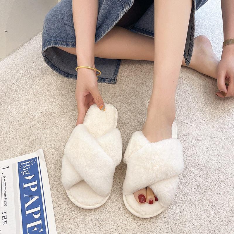 Fluffy Slippers Women Cozy Faux Fur Cross Indoor Floor Slides Flat Soft Furry Shoes Fluffy Furry Fur Slippers Flip Flop Open Toe Cozy House Memory Foam Sandals Slides Soft Flat Comfy Slippers Stevvex