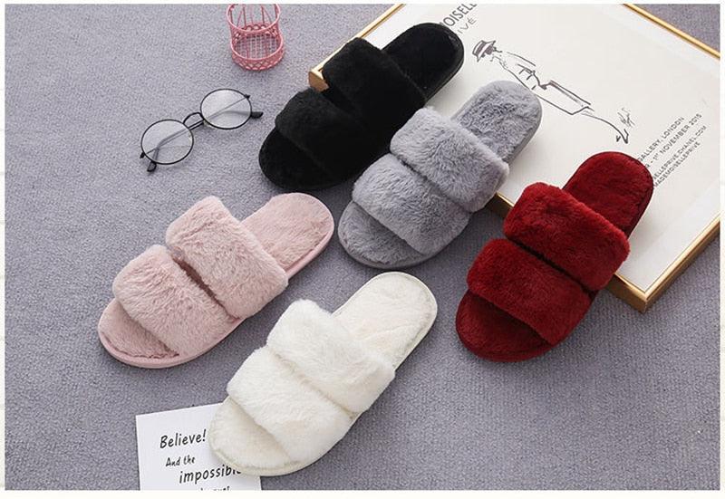 Fluffy Slippers Women Cozy Faux Fur Cross Indoor Floor Slides Flat Soft Furry Shoes Fluffy Furry Fur Slippers Flip Flop Open Toe Cozy House Memory Foam Sandals Slides Soft Flat Comfy Slippers Stevvex