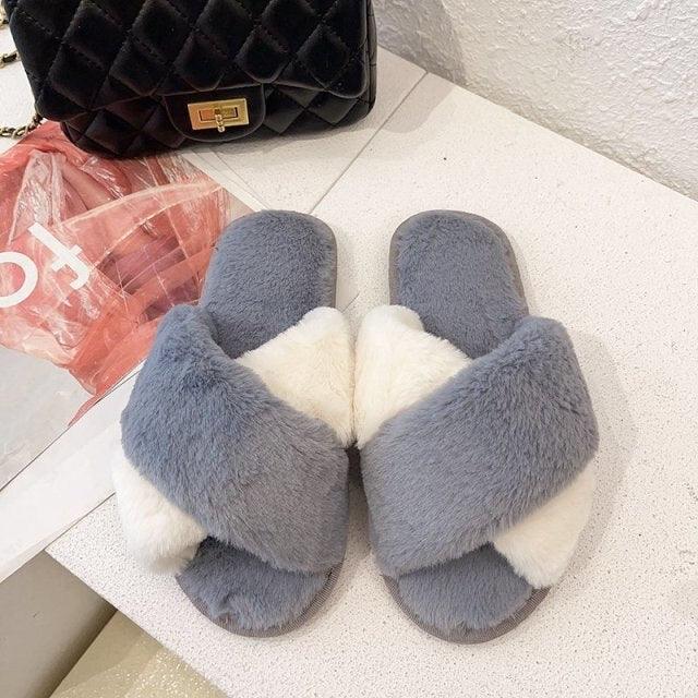 Fluffy Slippers Women Cozy Faux Fur Cross Indoor Floor Slides Flat Soft Furry Shoes Fluffy Furry Fur Slippers Flip Flop Open Toe Cozy House Memory Foam Sandals Slides Soft Flat Comfy Slippers Stevvex