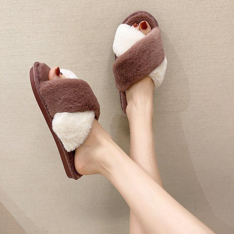 Fluffy Slippers Women Cozy Faux Fur Cross Indoor Floor Slides Flat Soft Furry Shoes Fluffy Furry Fur Slippers Flip Flop Open Toe Cozy House Memory Foam Sandals Slides Soft Flat Comfy Slippers Stevvex