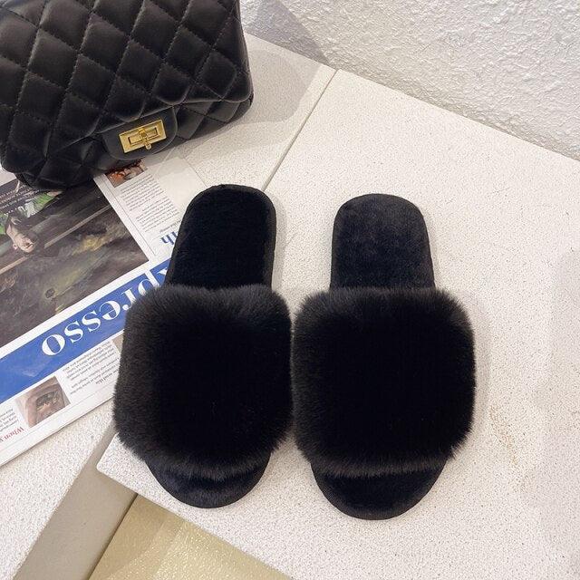 Fluffy Slippers Women Cozy Faux Fur Cross Indoor Floor Slides Flat Soft Furry Shoes Fluffy Furry Fur Slippers Flip Flop Open Toe Cozy House Memory Foam Sandals Slides Soft Flat Comfy Slippers Stevvex
