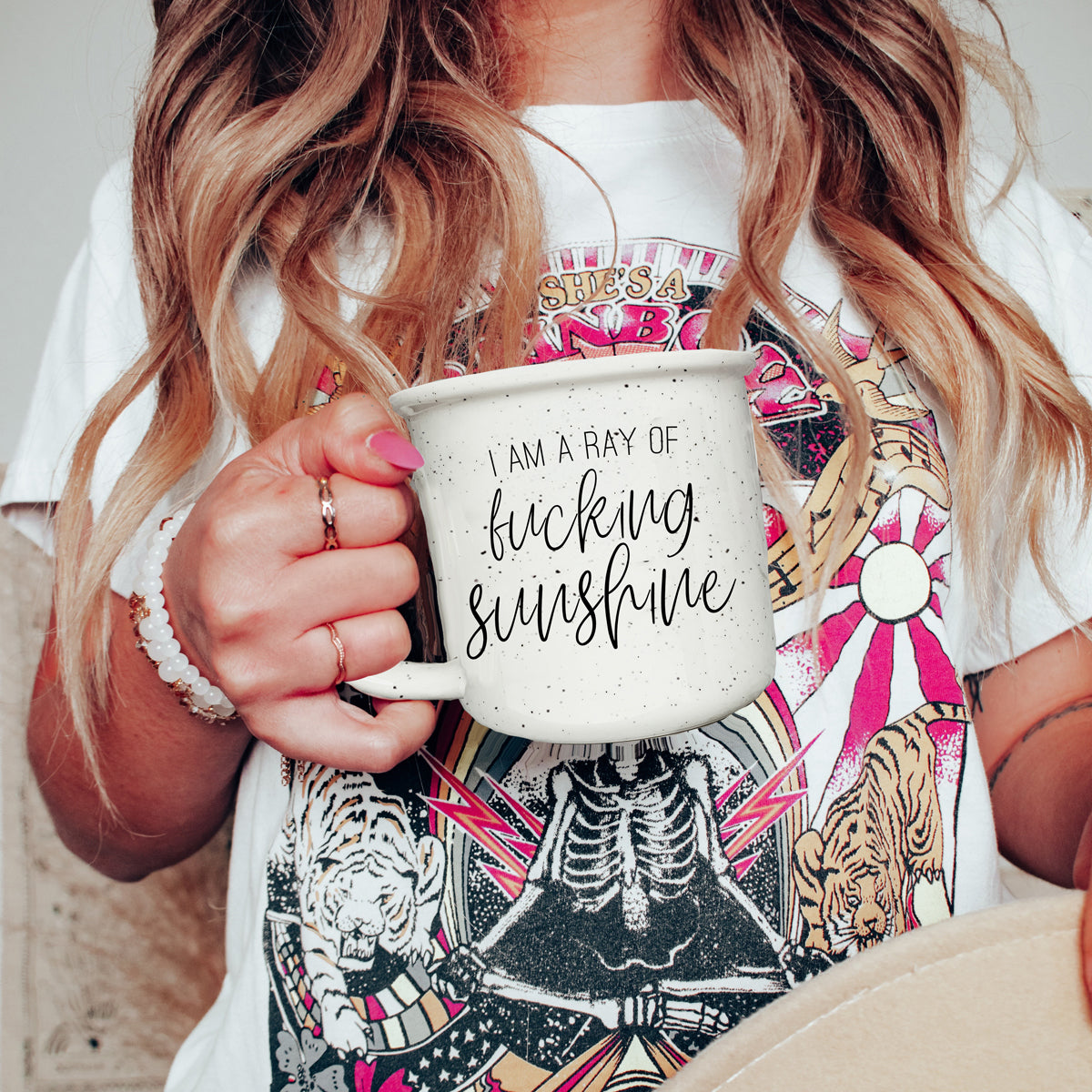 14.5oz Ceramic Campfire Mug White Sesame Glaze Speckled Ivory Black Lettering Design Both Sides Gift BandsCo Straps