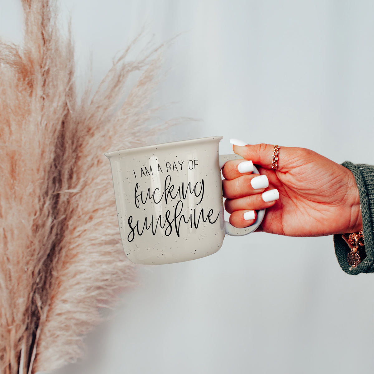 14.5oz Ceramic Campfire Mug White Sesame Glaze Speckled Ivory Black Lettering Design Both Sides Gift BandsCo Straps