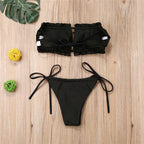 Folds Bikini Women Swimwear Bathing Suit Women's Ruffle Tie Side Bikini Set High Cut Strapless Padded Solid Bathing Suit Bikini Micro Swimsuit Female Push up Two-Piece Suit Summer Stevvex