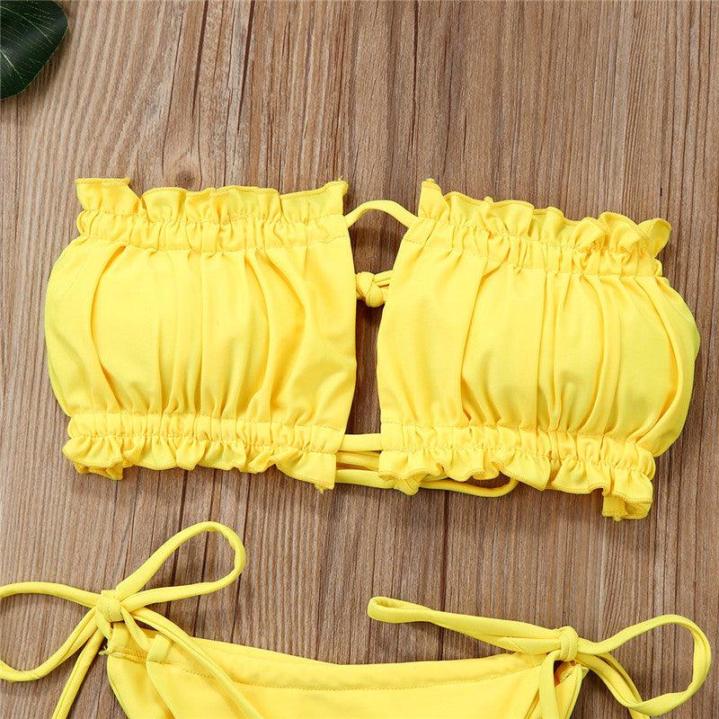 Folds Bikini Women Swimwear Bathing Suit Women's Ruffle Tie Side Bikini Set High Cut Strapless Padded Solid Bathing Suit Bikini Micro Swimsuit Female Push up Two-Piece Suit Summer Stevvex