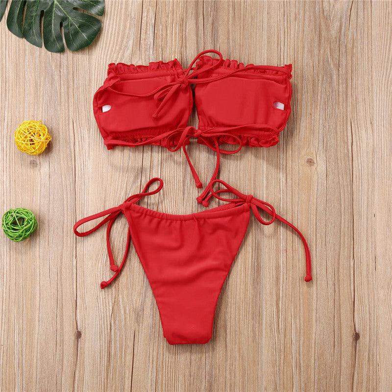 Folds Bikini Women Swimwear Bathing Suit Women's Ruffle Tie Side Bikini Set High Cut Strapless Padded Solid Bathing Suit Bikini Micro Swimsuit Female Push up Two-Piece Suit Summer Stevvex