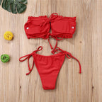 Folds Bikini Women Swimwear Bathing Suit Women's Ruffle Tie Side Bikini Set High Cut Strapless Padded Solid Bathing Suit Bikini Micro Swimsuit Female Push up Two-Piece Suit Summer Stevvex