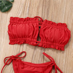 Folds Bikini Women Swimwear Bathing Suit Women's Ruffle Tie Side Bikini Set High Cut Strapless Padded Solid Bathing Suit Bikini Micro Swimsuit Female Push up Two-Piece Suit Summer Stevvex