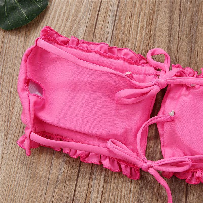 Folds Bikini Women Swimwear Bathing Suit Women's Ruffle Tie Side Bikini Set High Cut Strapless Padded Solid Bathing Suit Bikini Micro Swimsuit Female Push up Two-Piece Suit Summer Stevvex